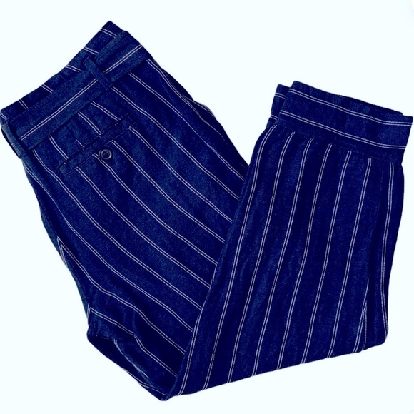 Banana Republic Navy Stripe Avery Linen Blend Tie Ankle Pants Size 0 - Picture 1 of 5